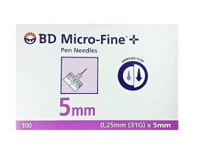 BD Micro-Fine+ Pen Needles 0.25mm (31G) x 5mm, Pack of 100 – Improved Flow formula box in white and purple.
