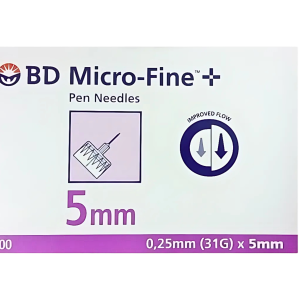 BD Micro-Fine+ Pen Needles 0.25mm (31G) x 5mm, Pack of 100 – Improved Flow formula box in white and purple.