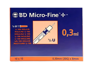 BD Micro-Fine+ U-100 Insulin Syringe 0.3ml 0.30mm (30G) x 8mm, Pack of 100 – Navy and orange packaging.