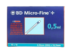 BD Micro-Fine+ U-100 Insulin Syringe 0.5ml 0.33mm (29G) x 12.7mm, Pack of 100 - Navy and teal packaging.