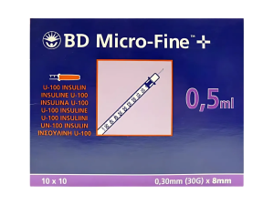 BD Micro-Fine+ U-100 Insulin Syringe 0.5ml 0.30mm (30G) x 8mm, Pack of 100 – Navy and purple packaging.