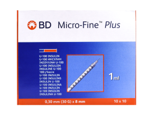 BD Micro-Fine Plus U-100 insulin syringe box, 1ml, 30G x 8mm, box of 100
