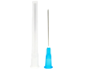 BD Microlance 23g Blue 1 inch needle with protective cap removed, showing blue hub and stainless steel cannula against a black background.