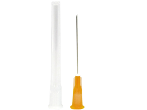 BD Microlance 25g Orange needle shown with protective cap removed, displaying the fine steel tip and orange colour-coded hub.