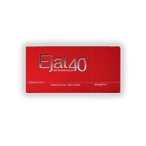 Ejal40 Hyaluronic Acid Skin Booster product box – red packaging with silver lettering, labeled "Bio Revitalizing Gel" and "40mg/2ml".