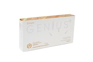 Genius Enrich dermal filler box showing hyaluronic acid 24mg/ml with lidocaine, 1ml pre-filled syringe, endorsed by Safer Practice Ambassadors.
