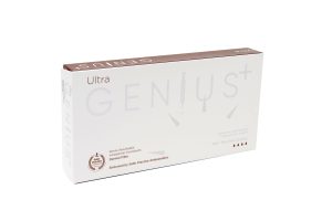 Genius Ultra dermal filler box showing hyaluronic acid 24mg/ml with lidocaine, 1ml pre-filled syringe, endorsed by Safer Practice Ambassadors.