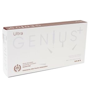 Genius Ultra dermal filler box showing hyaluronic acid 24mg/ml with lidocaine, 1ml pre-filled syringe, endorsed by Safer Practice Ambassadors.